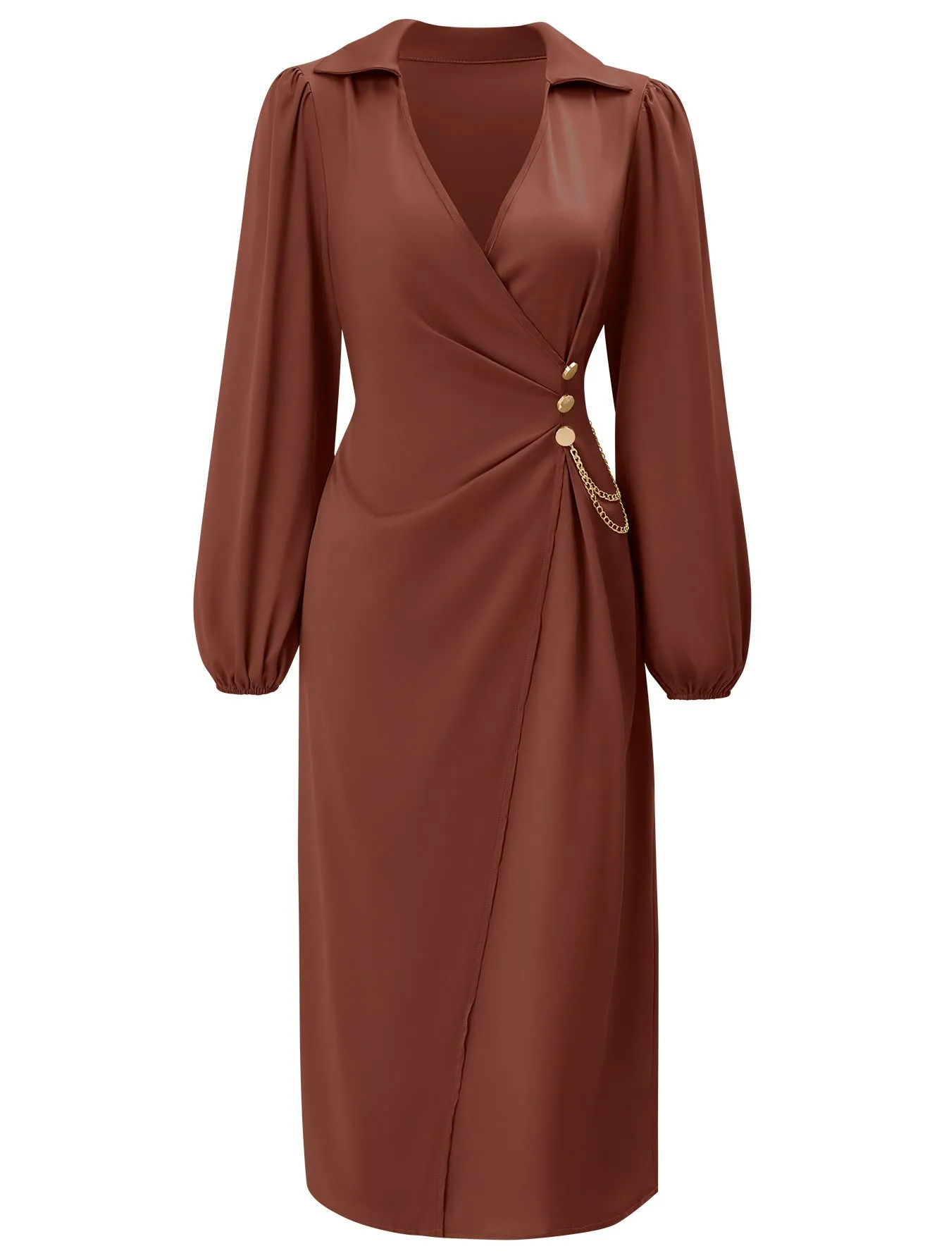 V-neck Solid Color Waist-tied Long Sleeve Midi Dress