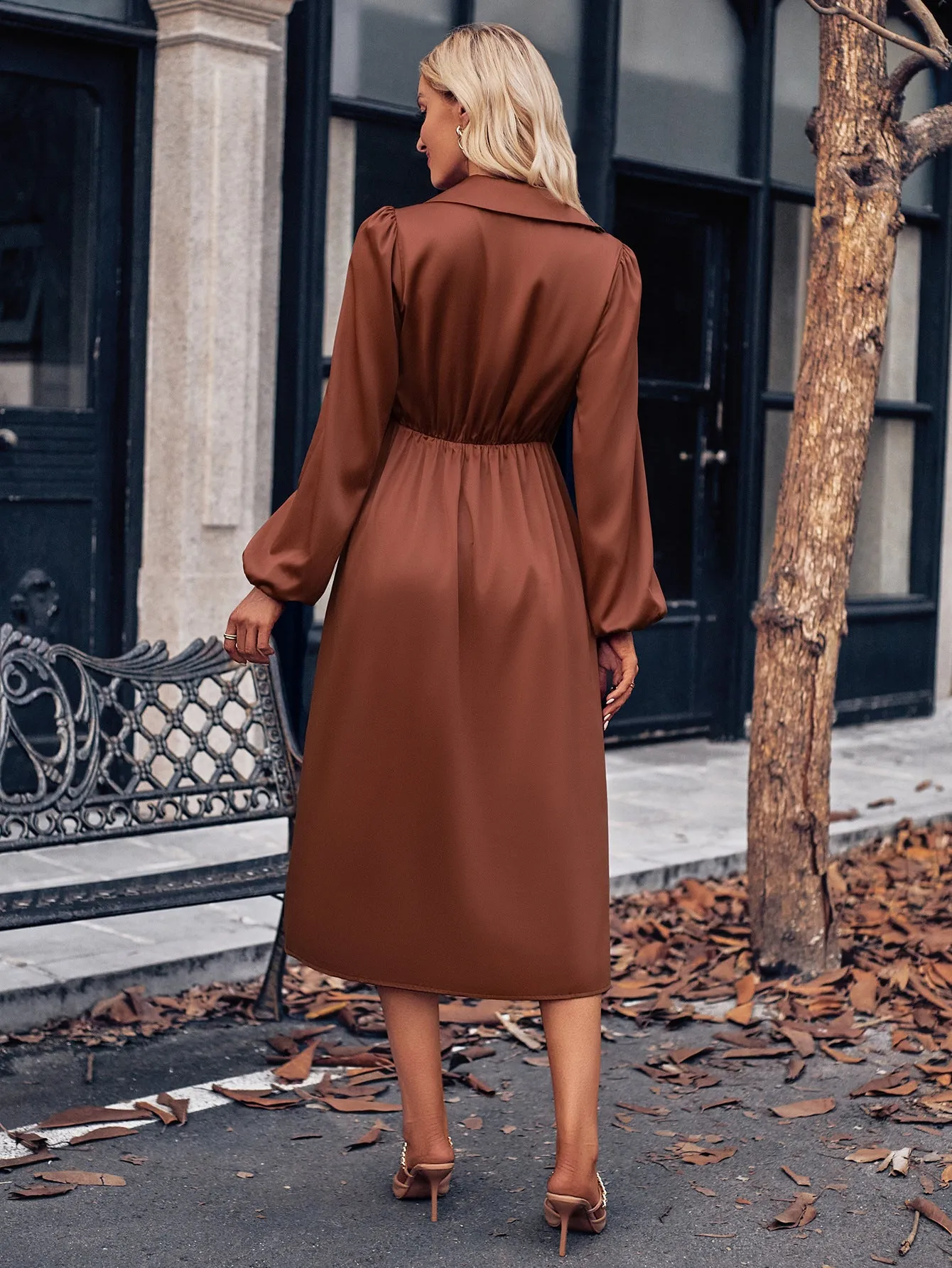 V-neck Solid Color Waist-tied Long Sleeve Midi Dress