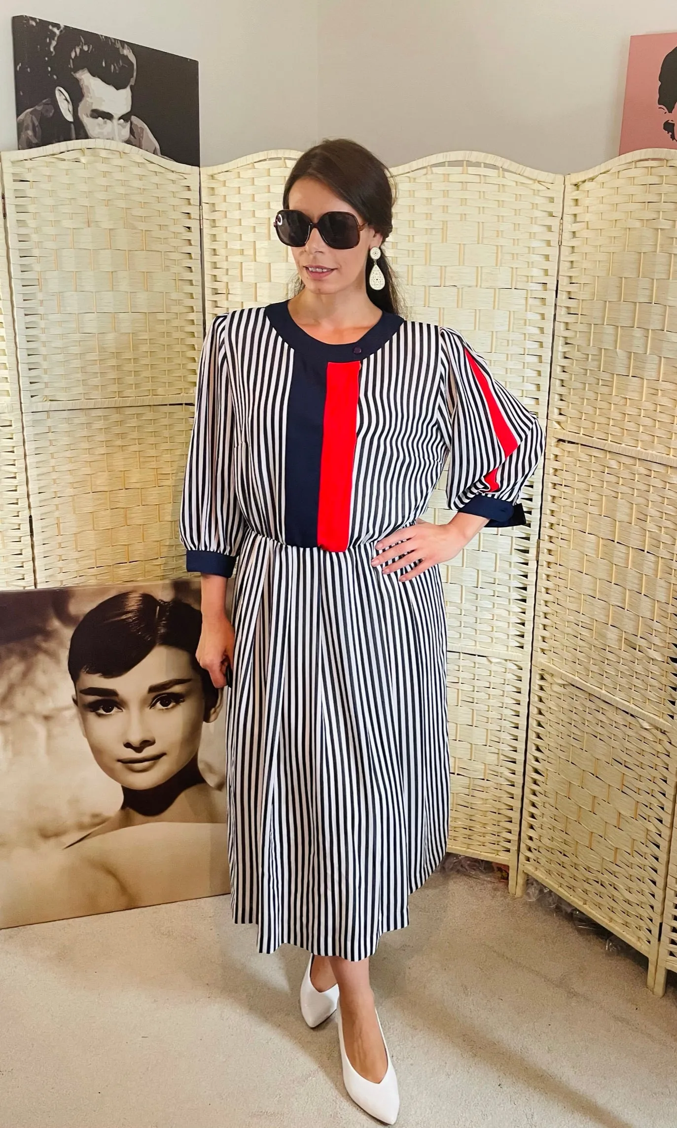 Vintage Red and Navy Stripped Midi Dress