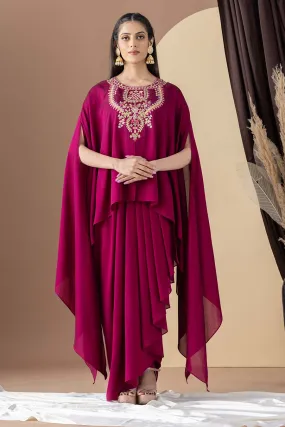 Wine Embroidered Cape & Drape Skirt Set