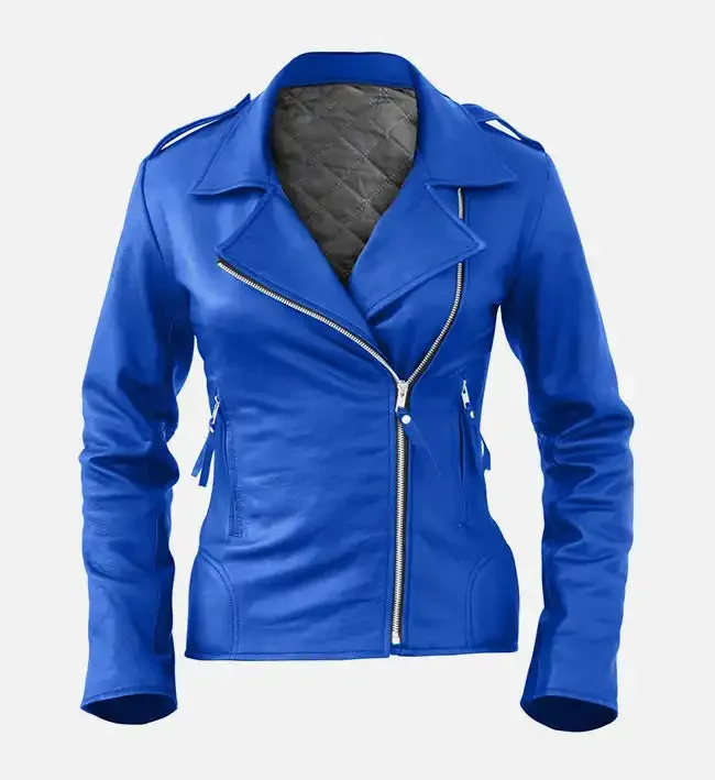 Women Blue Biker Leather Jacket