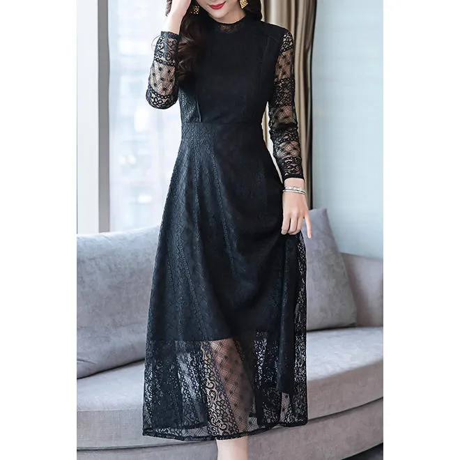 Women Crochet Details Long Sleeve Lace Dress - WDC14512