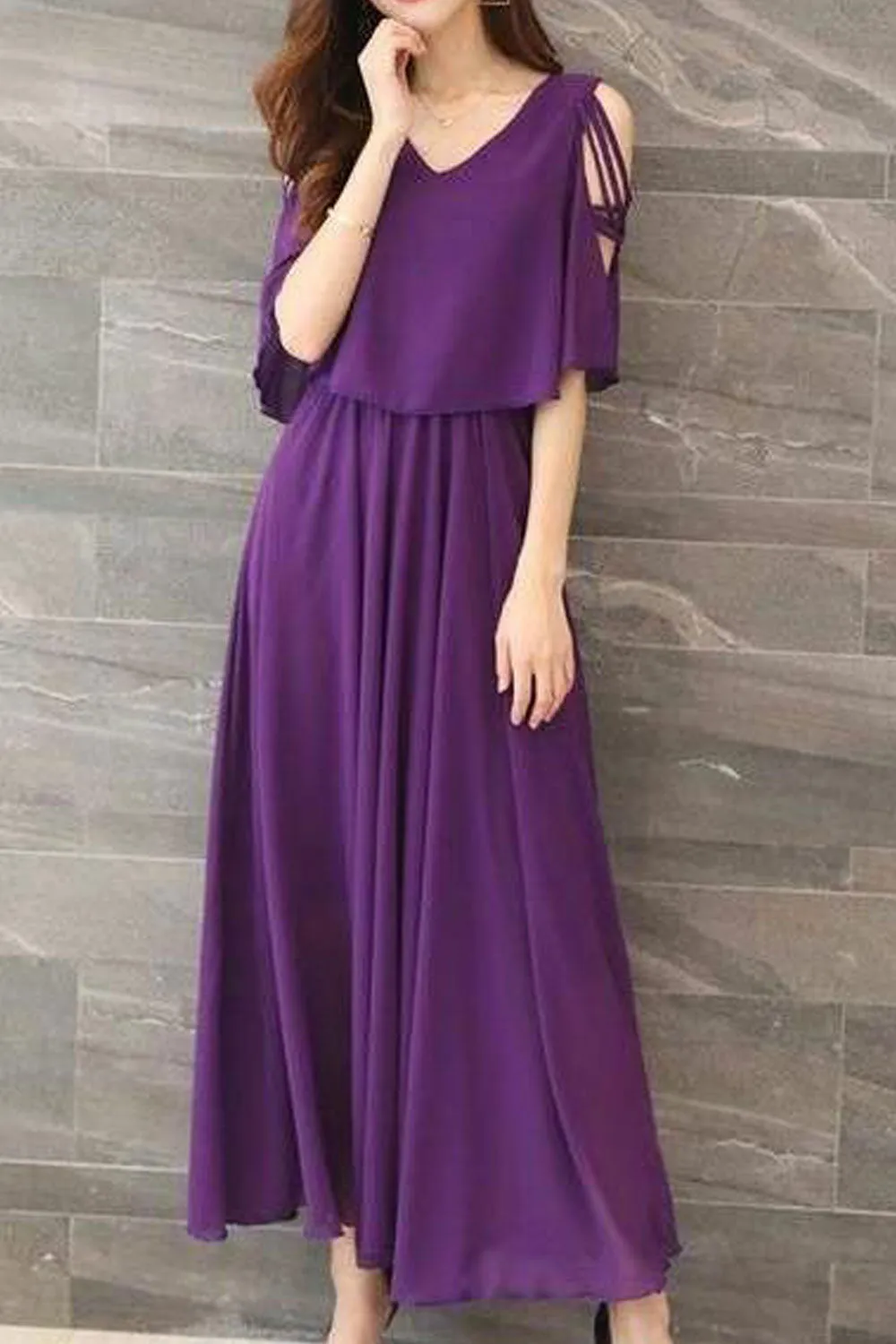 Women V-Neck Shawl Style Pleated Dress - C2487ZWD