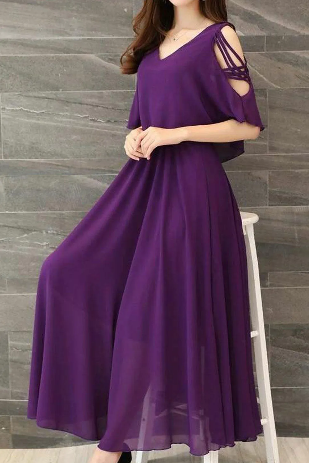 Women V-Neck Shawl Style Pleated Dress - C2487ZWD