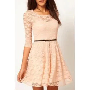 Women's Skirt Style Round Neck Lace Off White Dress with Belt - KMWD019