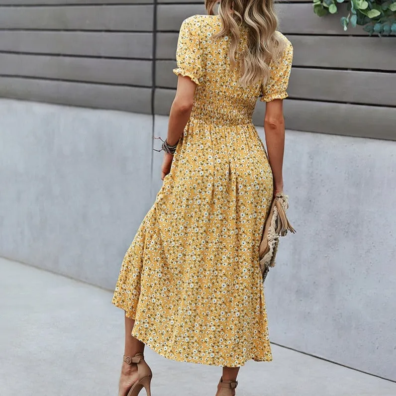 Yellow Summer Floral Midi Dress