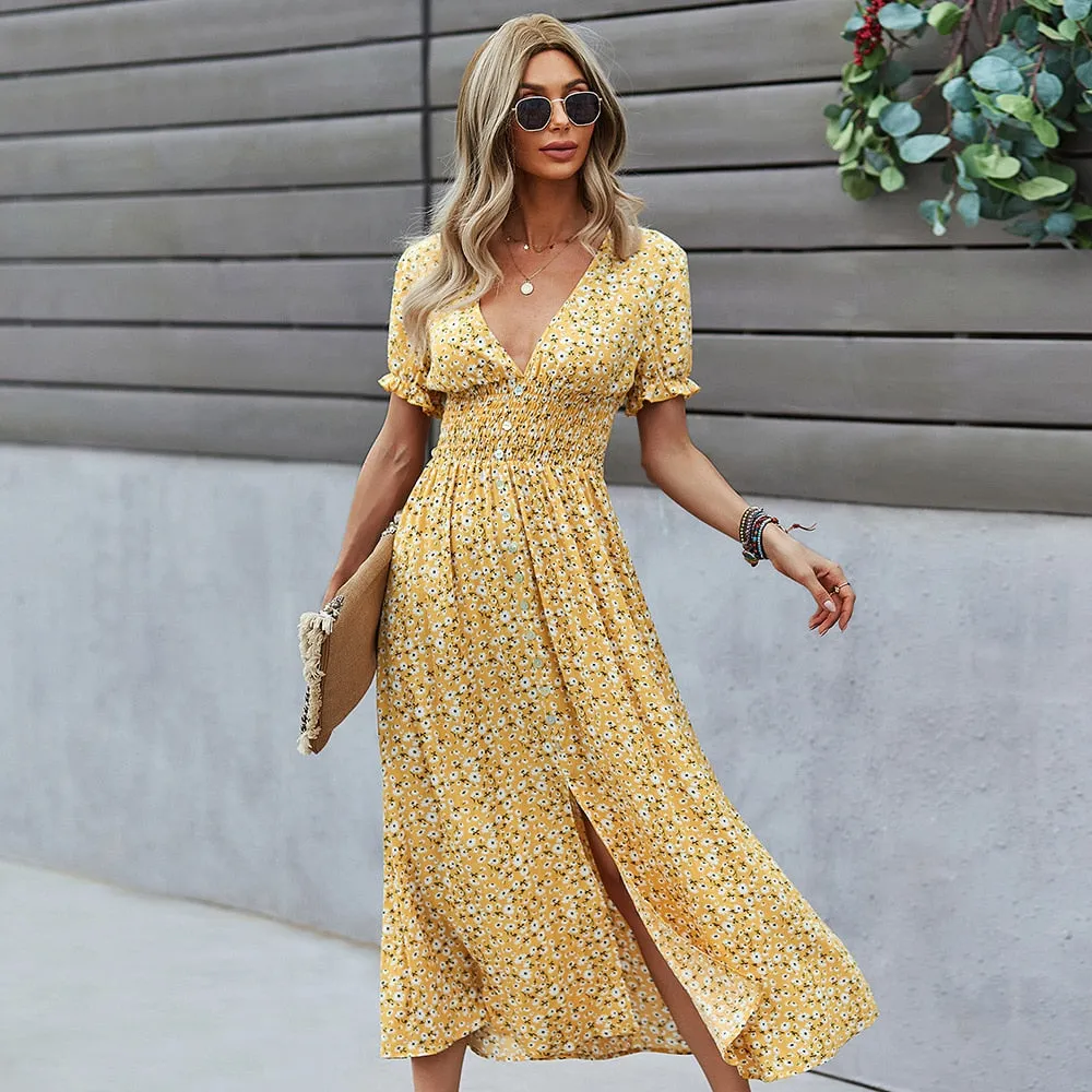 Yellow Summer Floral Midi Dress