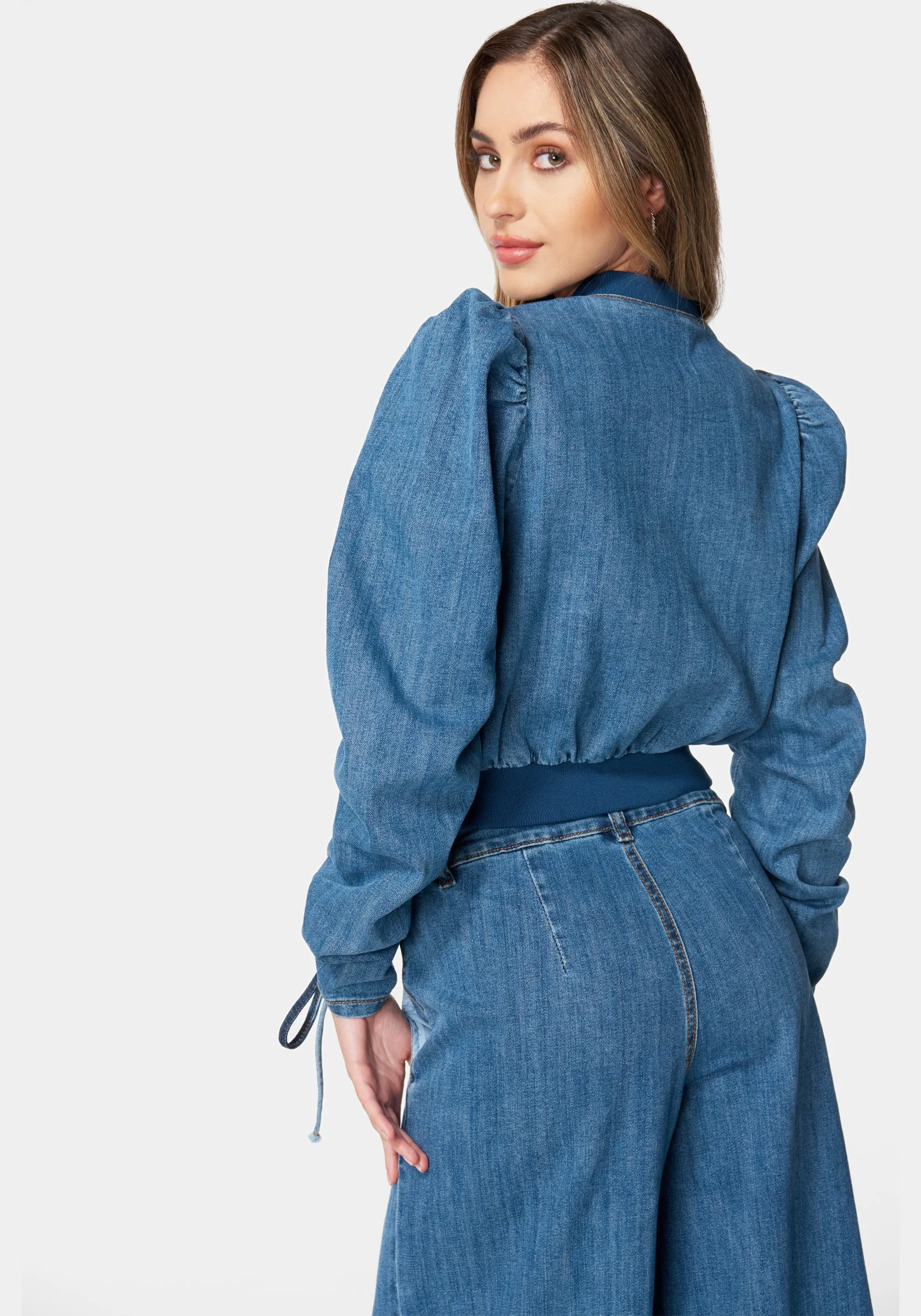 Zip Front Ruched Sleeves Denim Jacket